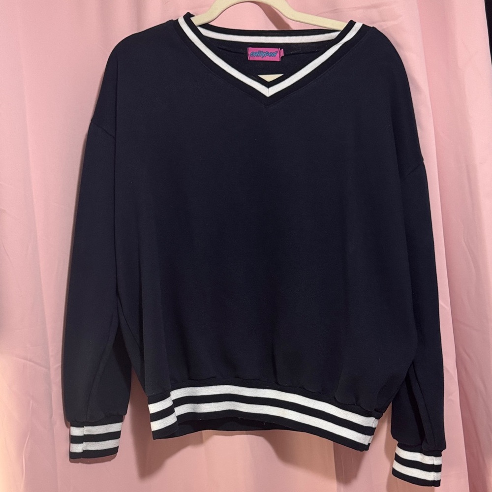 Edikted dark blue V-Neck Sweater with White Striped Trim